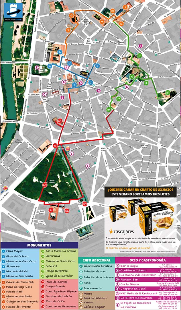 Plano turístico de Valladolid con las rutas por el centro