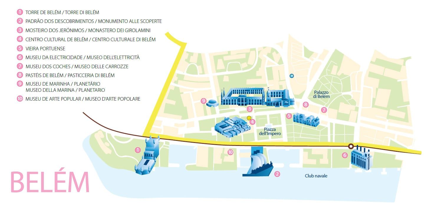 Mapa de Belém con la Torre de Belém y el Monasterio de los Jerónimos