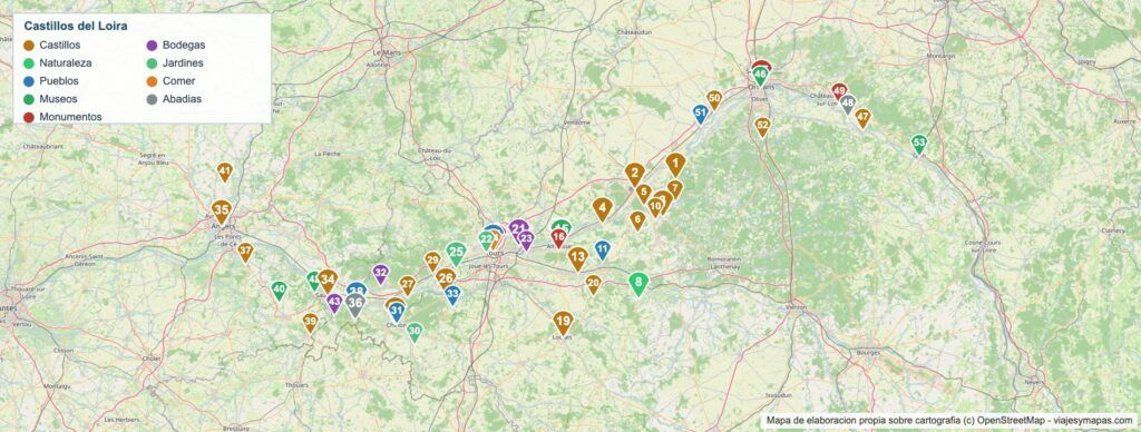 Mapa de los castillos del Loira con 53 lugares numerados por zonas