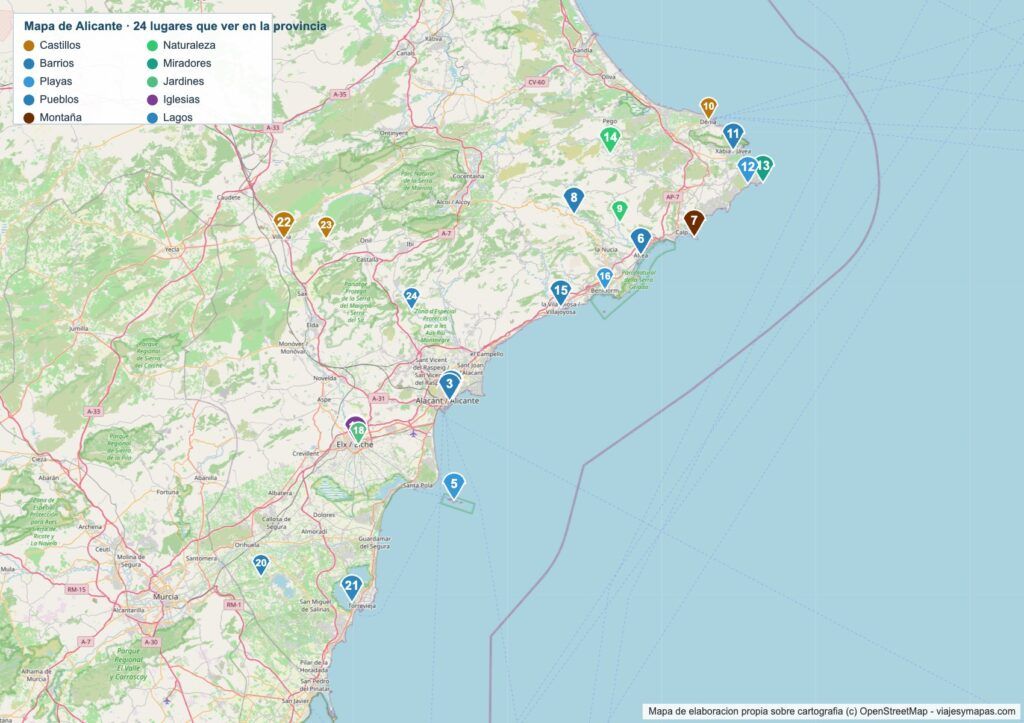 Mapa turístico de Alicante Mapa turístico de Alicante con los 24 lugares numerados
