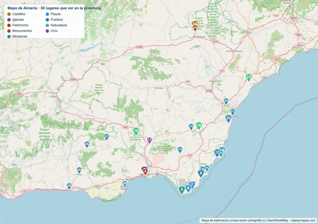 Mapa turístico de Almería Mapa turístico de Almería con los 30 lugares numerados