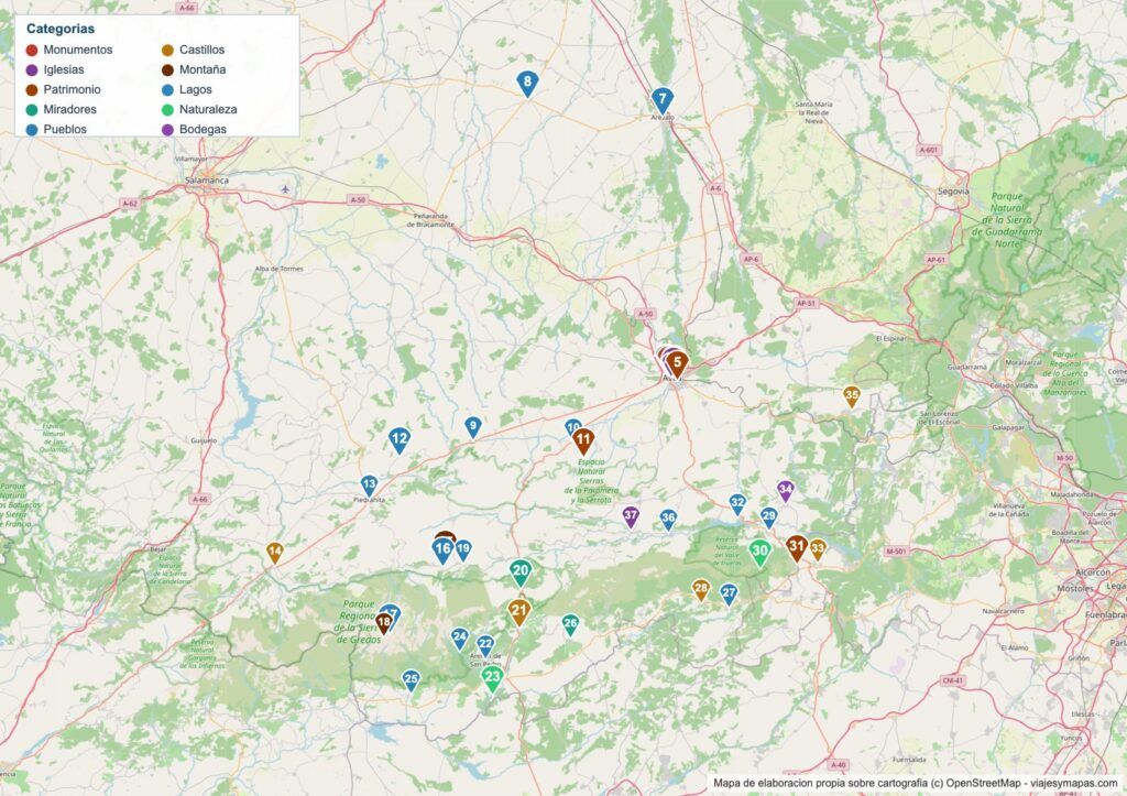 Mapa turístico de Ávila Mapa turístico de Ávila con los 37 lugares numerados