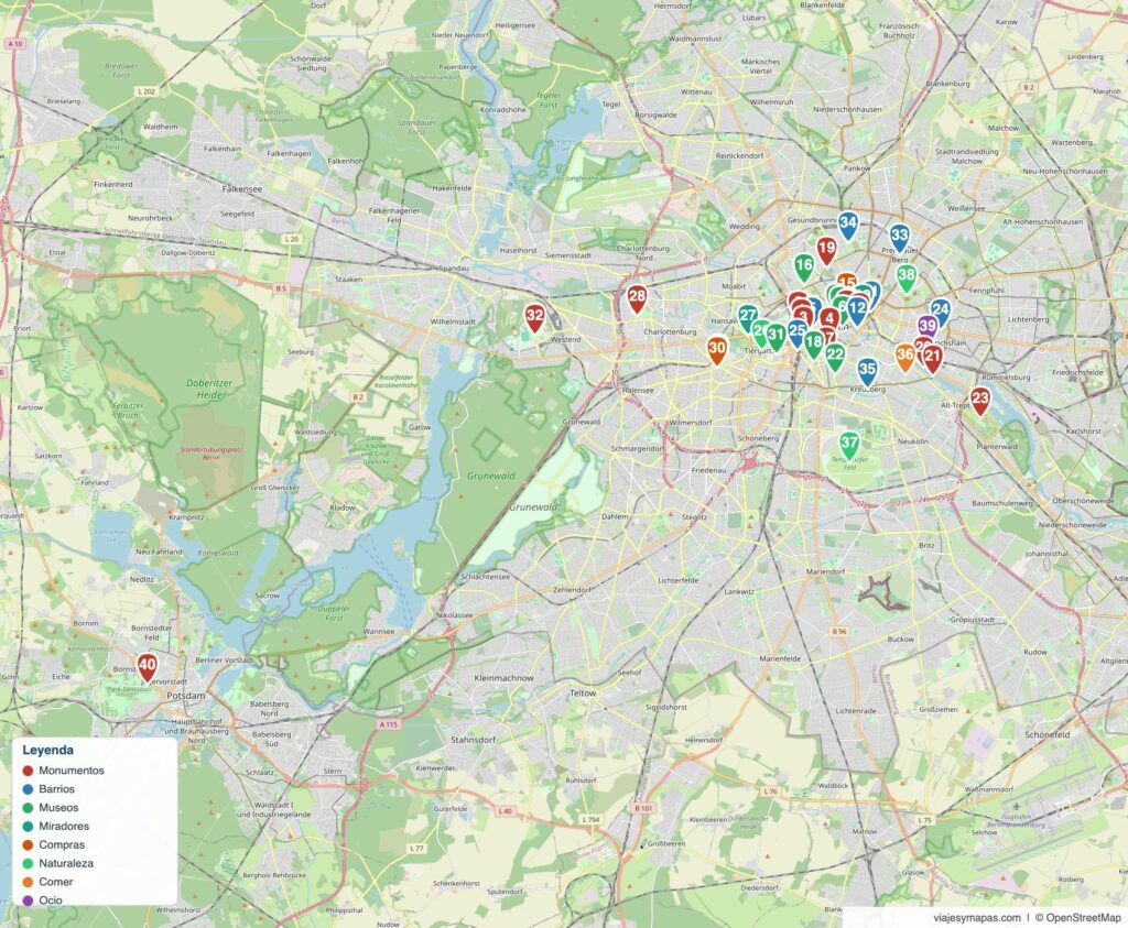 Mapa de Berlín turístico con los 40 lugares numerados por zonas: Mitte, la isla de los museos, el Muro y los barrios del este