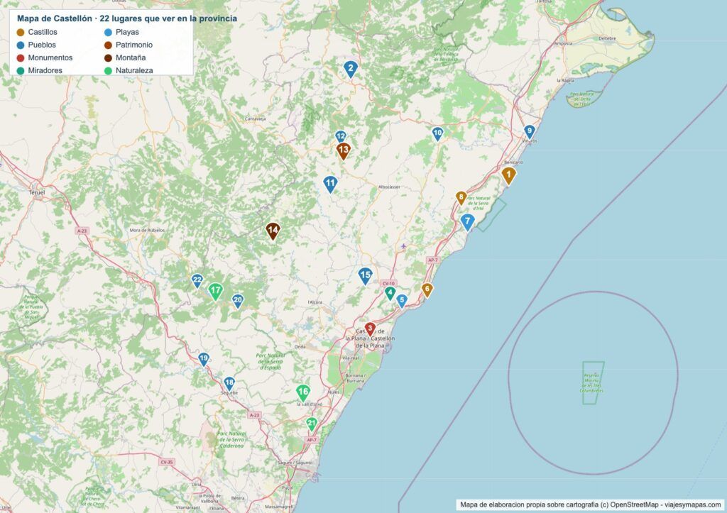 Mapa turístico de Castellón Mapa turístico de Castellón con los 22 lugares numerados