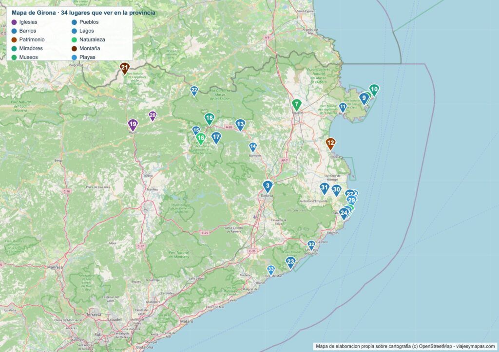Mapa turístico de Girona Mapa turístico de Girona con los 34 lugares numerados