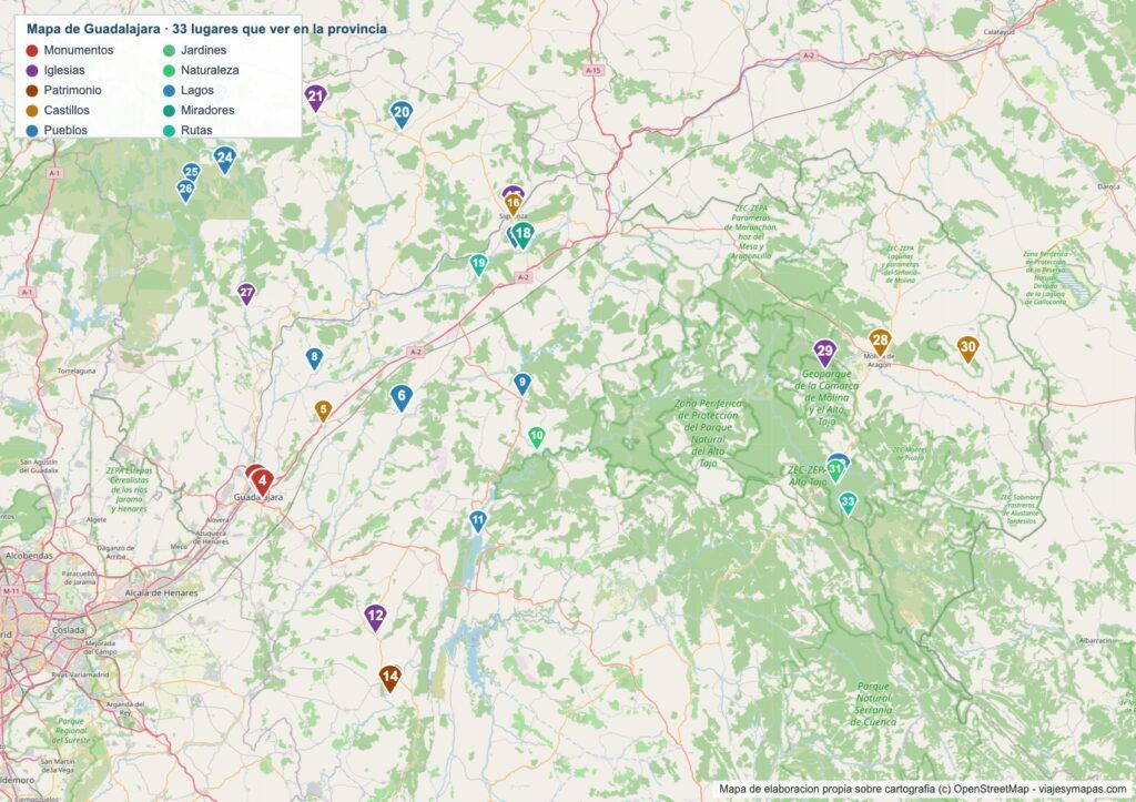 Mapa turístico de Guadalajara Mapa turístico de Guadalajara con los 33 lugares numerados