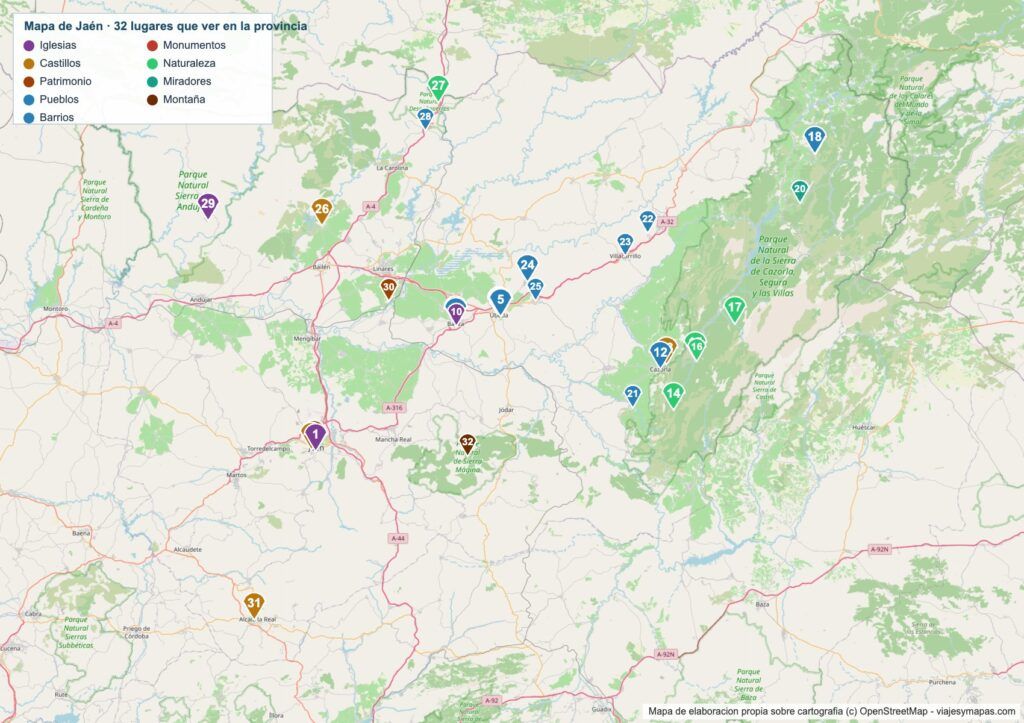 Mapa turístico de Jaén Mapa turístico de Jaén con los 32 lugares numerados
