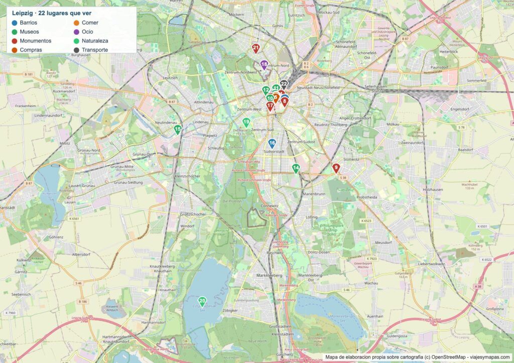 Mapa de Leipzig Mapa de Leipzig con los 22 lugares numerados