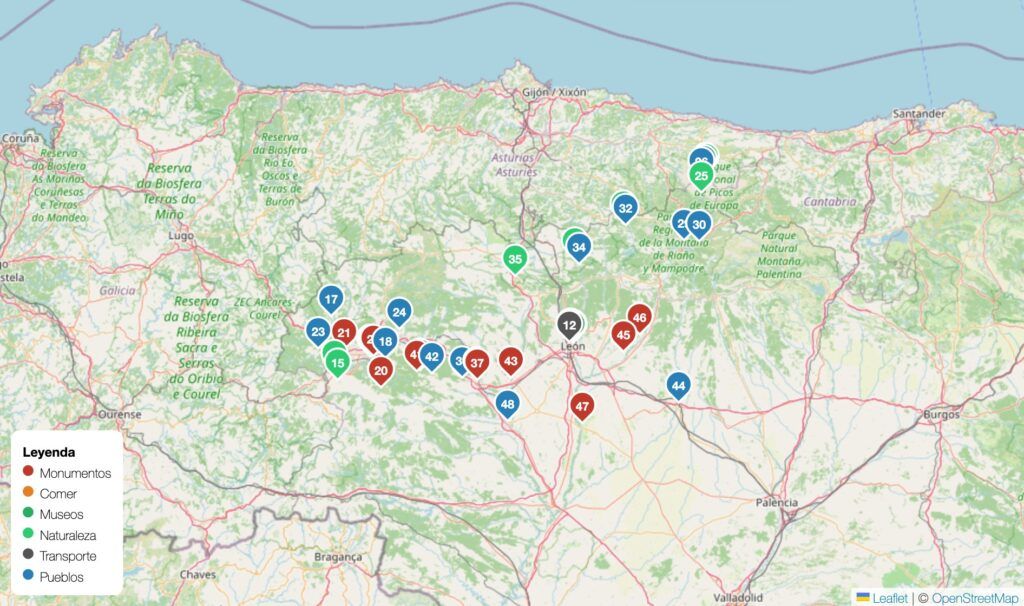 Mapa de León Mapa turístico de León con la catedral, Las Médulas y los Picos de Europa numerados