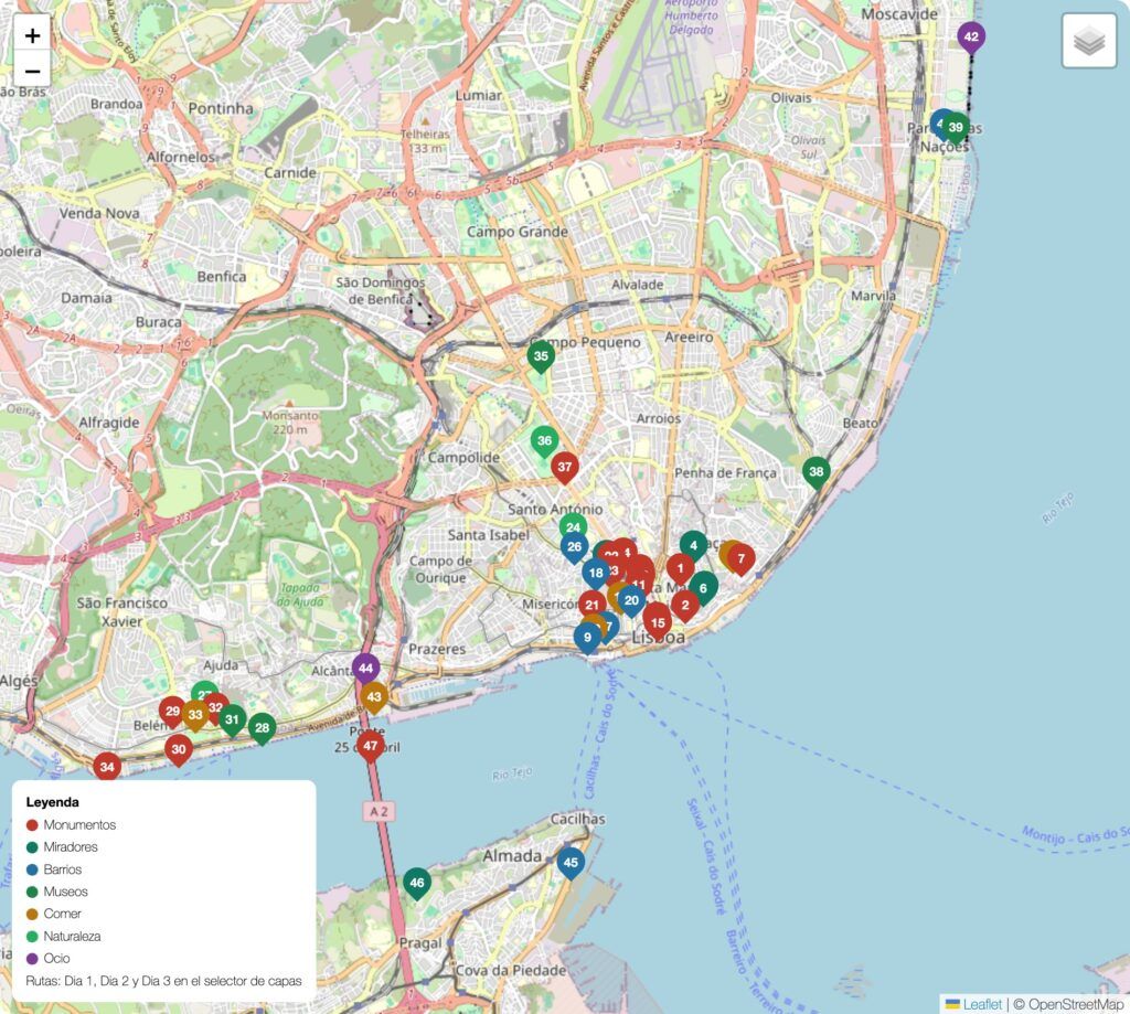 Mapa turístico de Lisboa Mapa turístico de Lisboa con los principales monumentos y lugares de interés numerados