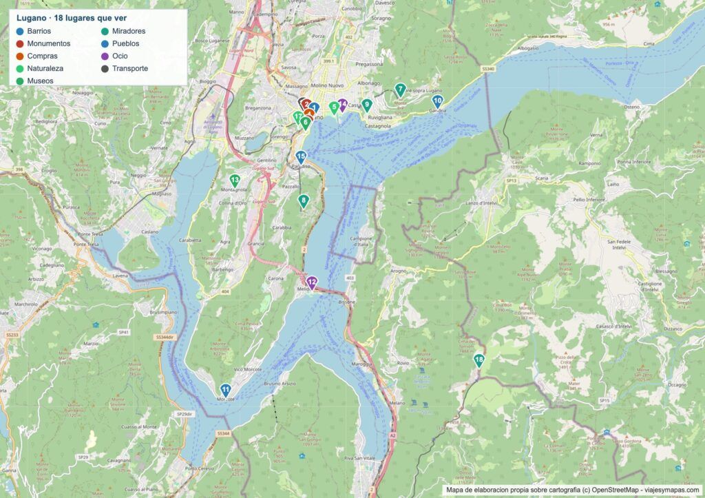 Mapa de Lugano Mapa de Lugano con los 18 lugares numerados