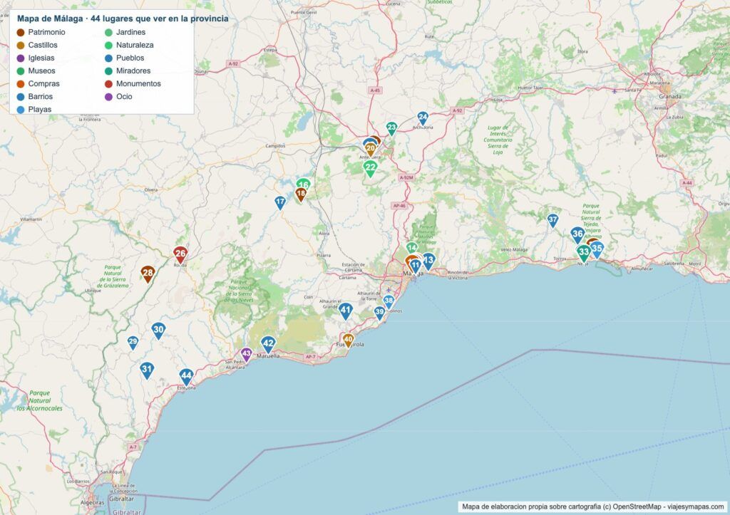 Mapa turístico de Málaga Mapa turístico de Málaga con los 44 lugares numerados