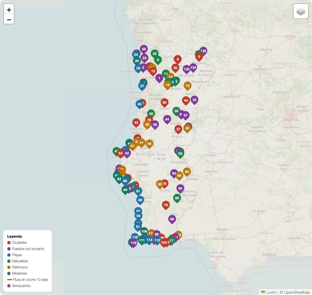 Mapa turístico de Portugal Mapa turístico de Portugal con los principales monumentos y lugares de interés numerados