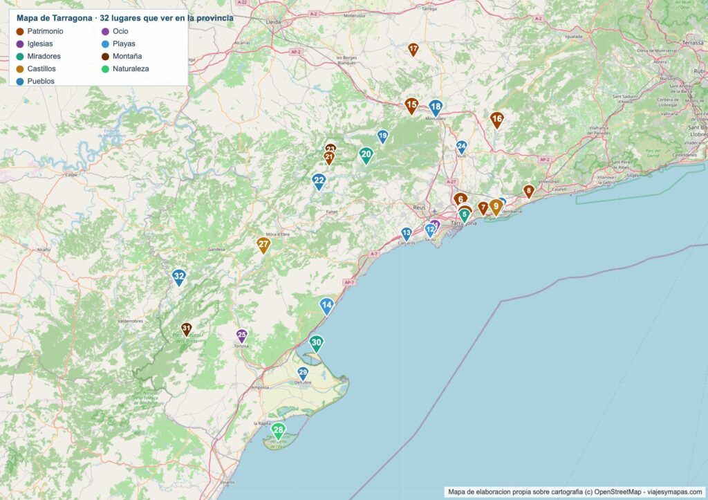 Mapa turístico de Tarragona Mapa turístico de Tarragona con los 32 lugares numerados