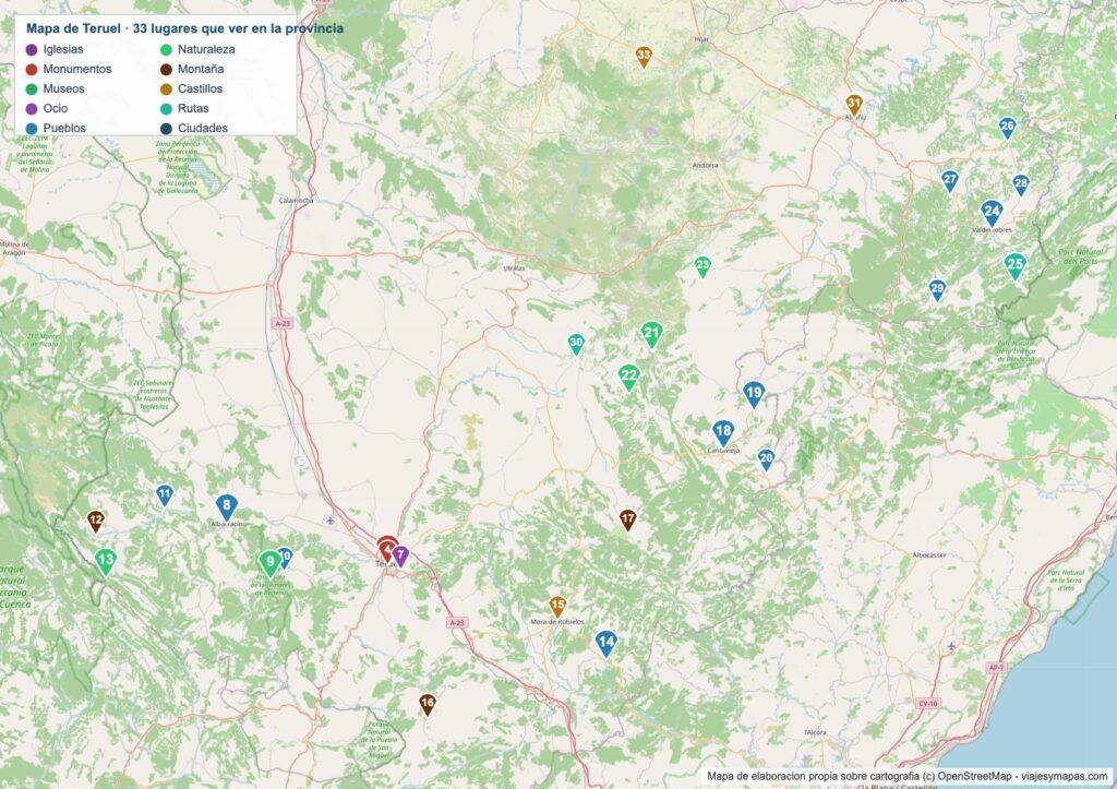 Mapa turístico de Teruel Mapa turístico de Teruel con los 33 lugares numerados