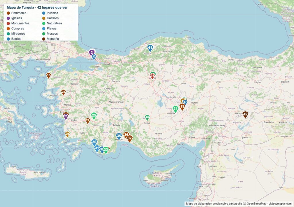 Mapa turístico de Turquía Mapa turístico de Turquía con los 42 lugares numerados