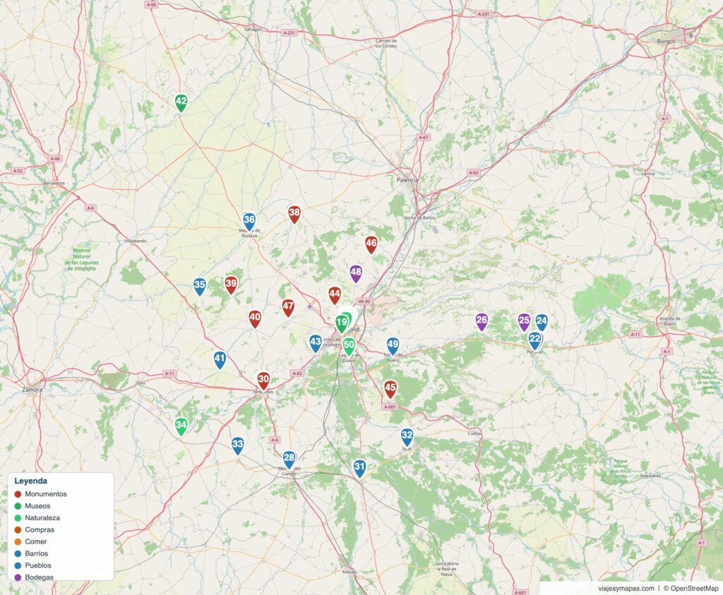 Mapa de Valladolid y su provincia con los 50 lugares numerados: la ciudad, la Ribera del Duero, Tierra de Campos y los castillos