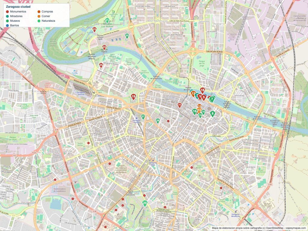 Mapa turistico de Zaragoza con los lugares numerados del casco historico