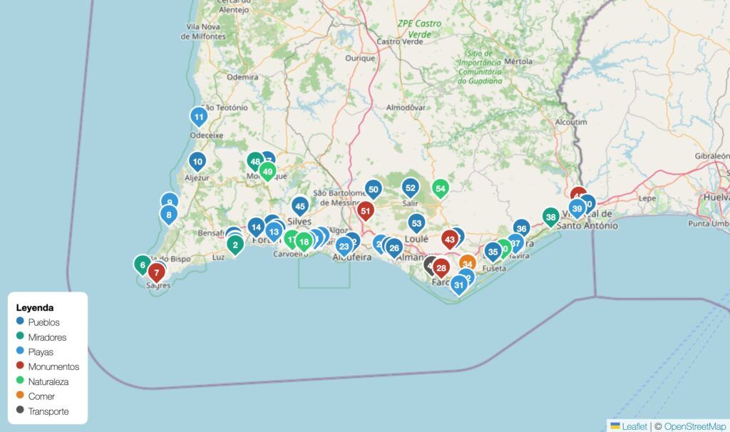 Mapa del Algarve Mapa turístico del Algarve con las playas, pueblos y acantilados numerados
