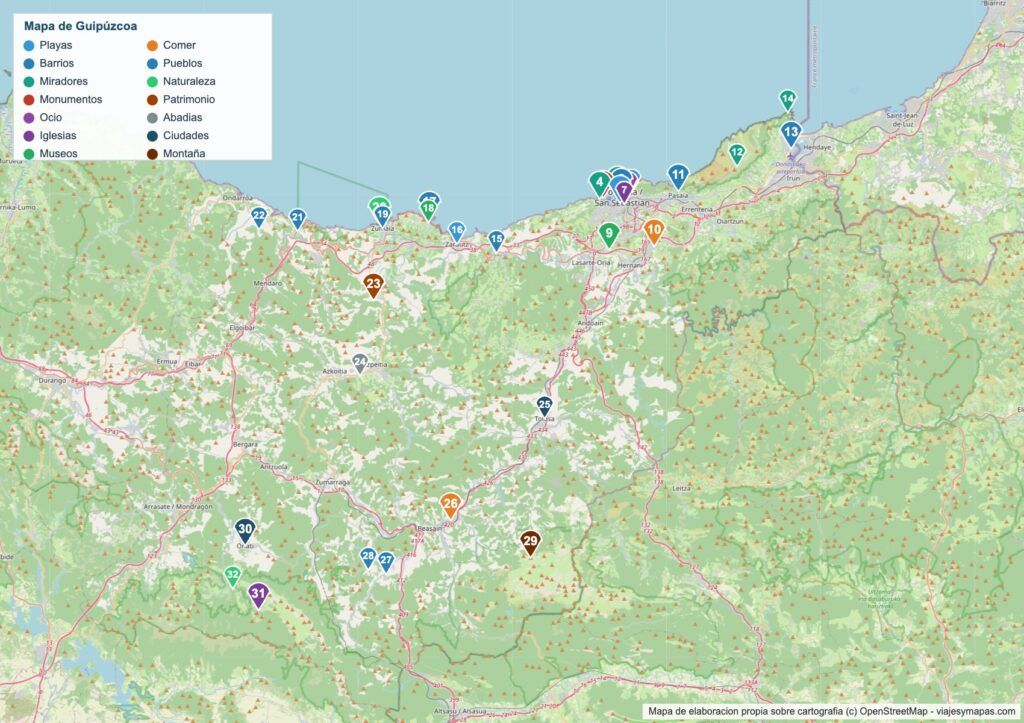 Mapa turístico de Guipúzcoa Mapa turístico de Guipúzcoa con los 32 lugares numerados
