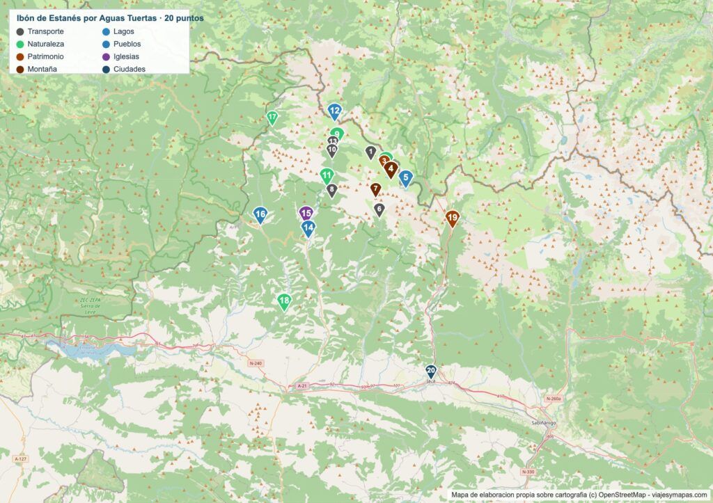 Mapa de el ibón de Estanés Mapa de el ibón de Estanés con los 20 lugares numerados