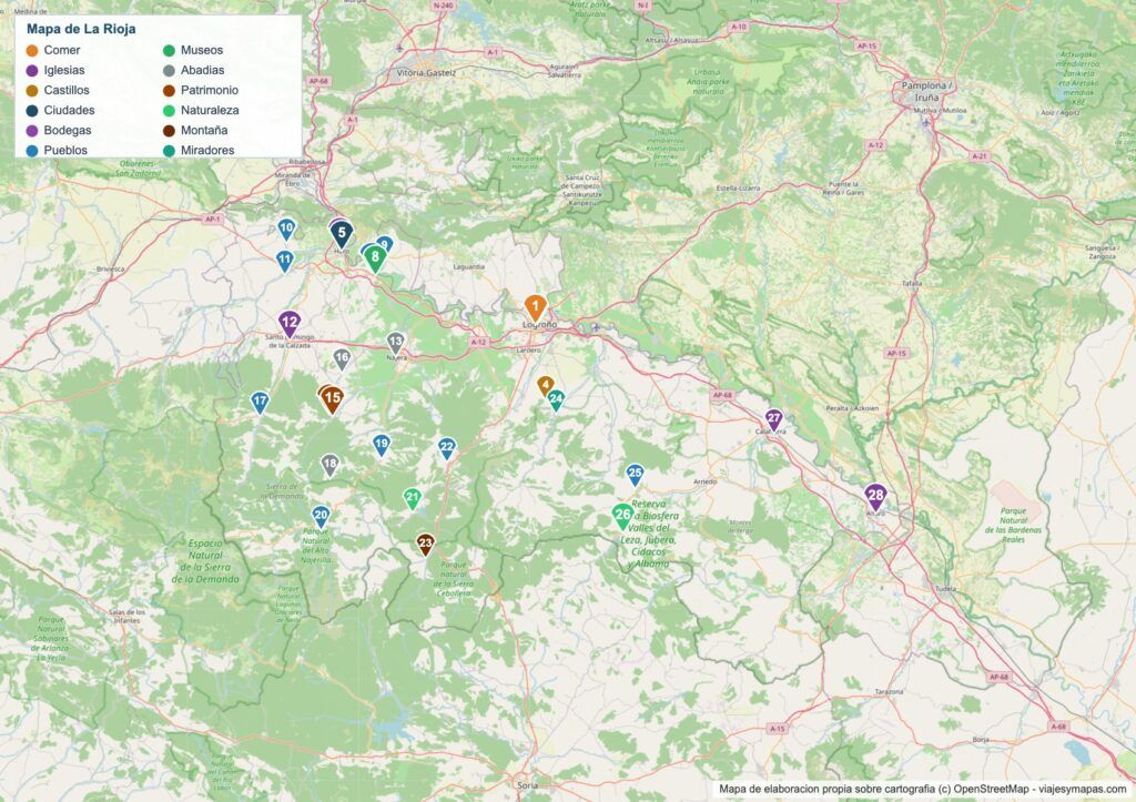 Mapa turístico de La Rioja Mapa turístico de La Rioja con los 28 lugares numerados