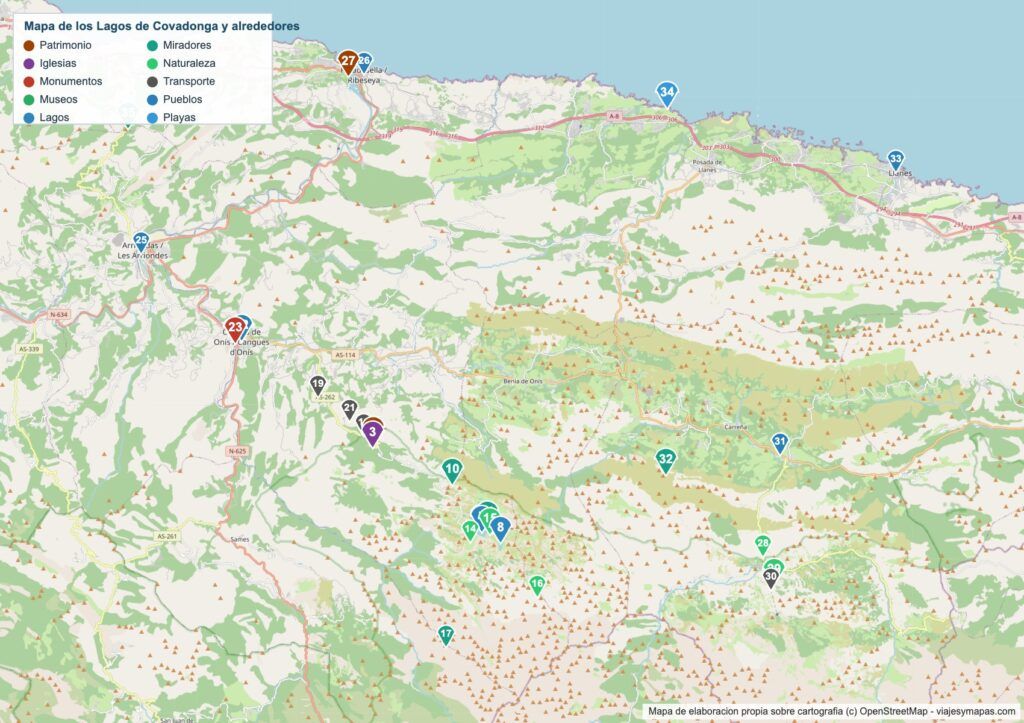 Mapa de los Lagos de Covadonga Mapa de los Lagos de Covadonga con los 35 lugares numerados