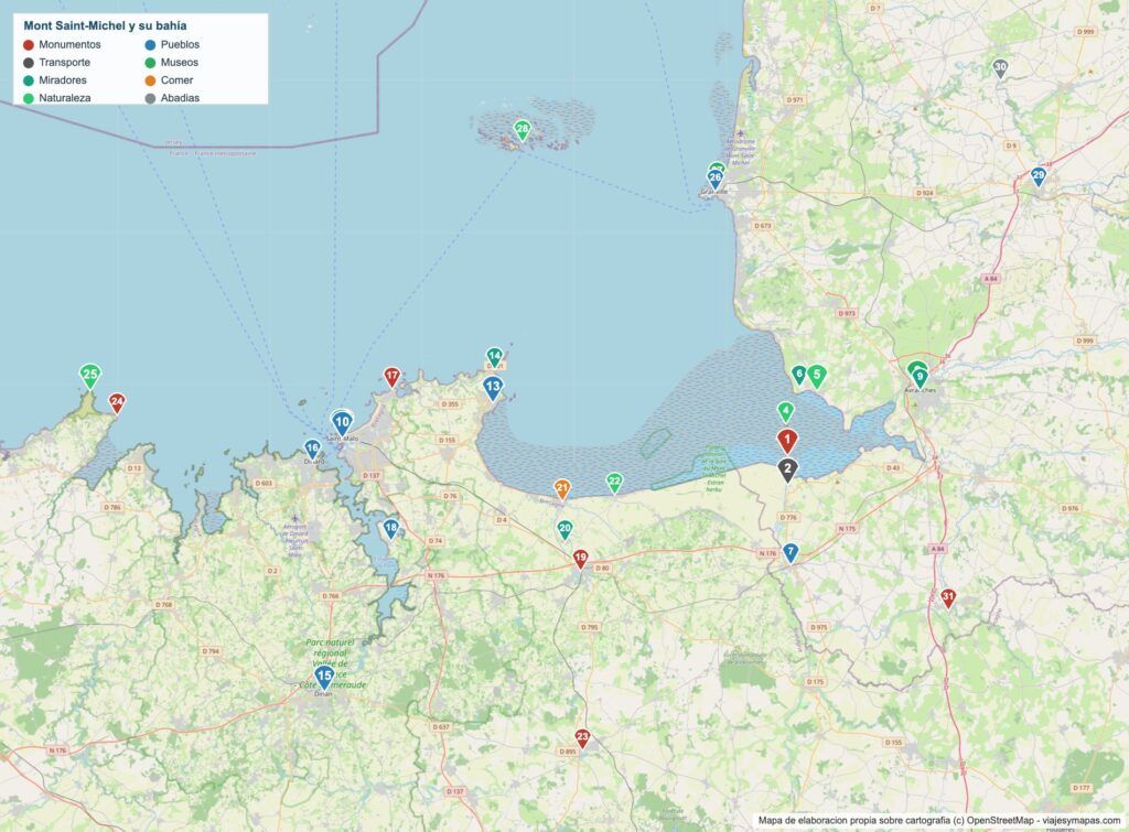 Mapa del Mont Saint-Michel y su bahia con 31 lugares numerados