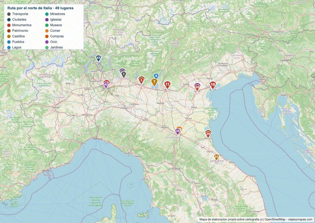 Mapa de la ruta por el norte de Italia Mapa de la ruta por el norte de Italia con los 49 lugares numerados