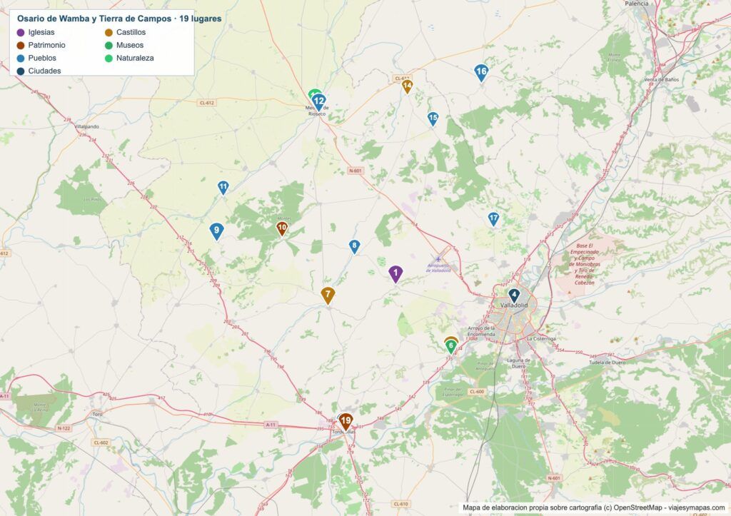Mapa de Wamba y su comarca con los 19 lugares numerados