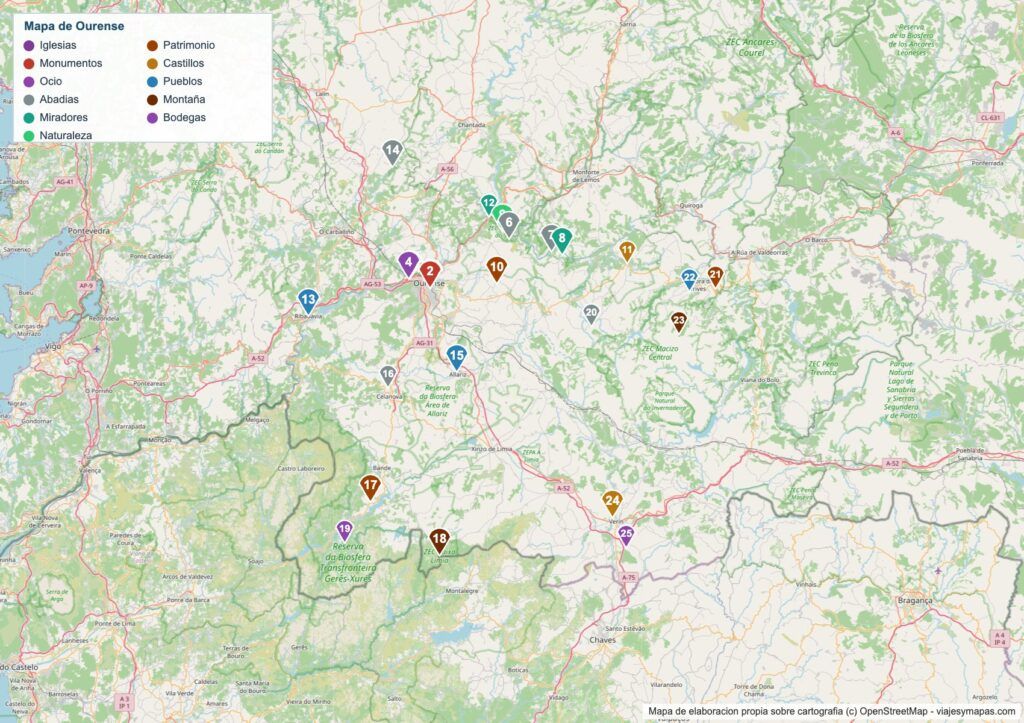 Mapa turístico de Ourense Mapa turístico de Ourense con los 25 lugares numerados