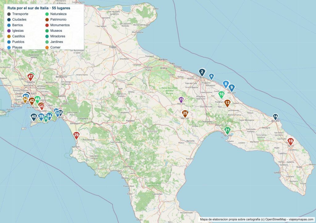 Mapa de la ruta por el sur de Italia Mapa de la ruta por el sur de Italia con los 55 lugares numerados