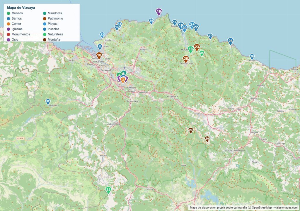 Mapa turístico de Vizcaya Mapa turístico de Vizcaya con los 32 lugares numerados
