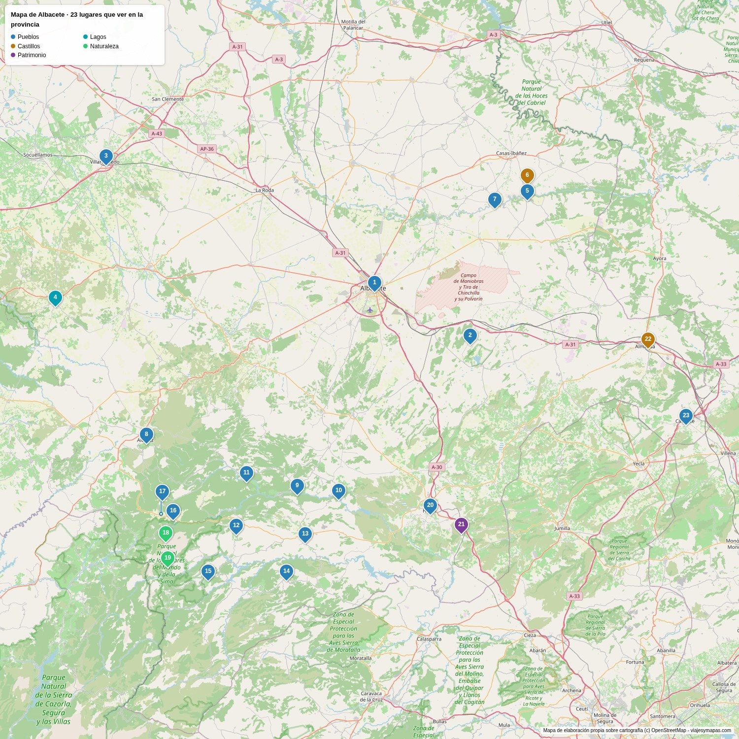 Mapa de la provincia de Albacete con los 23 lugares que ver numerados