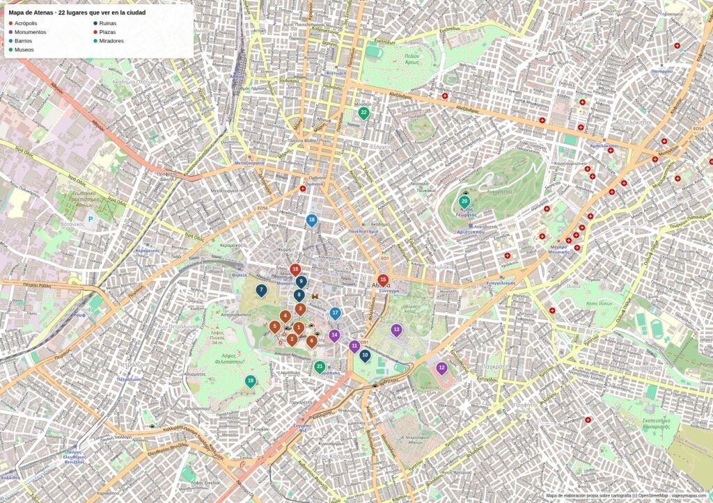 Mapa de Atenas con los 22 lugares que ver en la ciudad, numerados y agrupados por zonas: la Acrópolis, las ruinas del centro, las plazas, los miradores y los museos