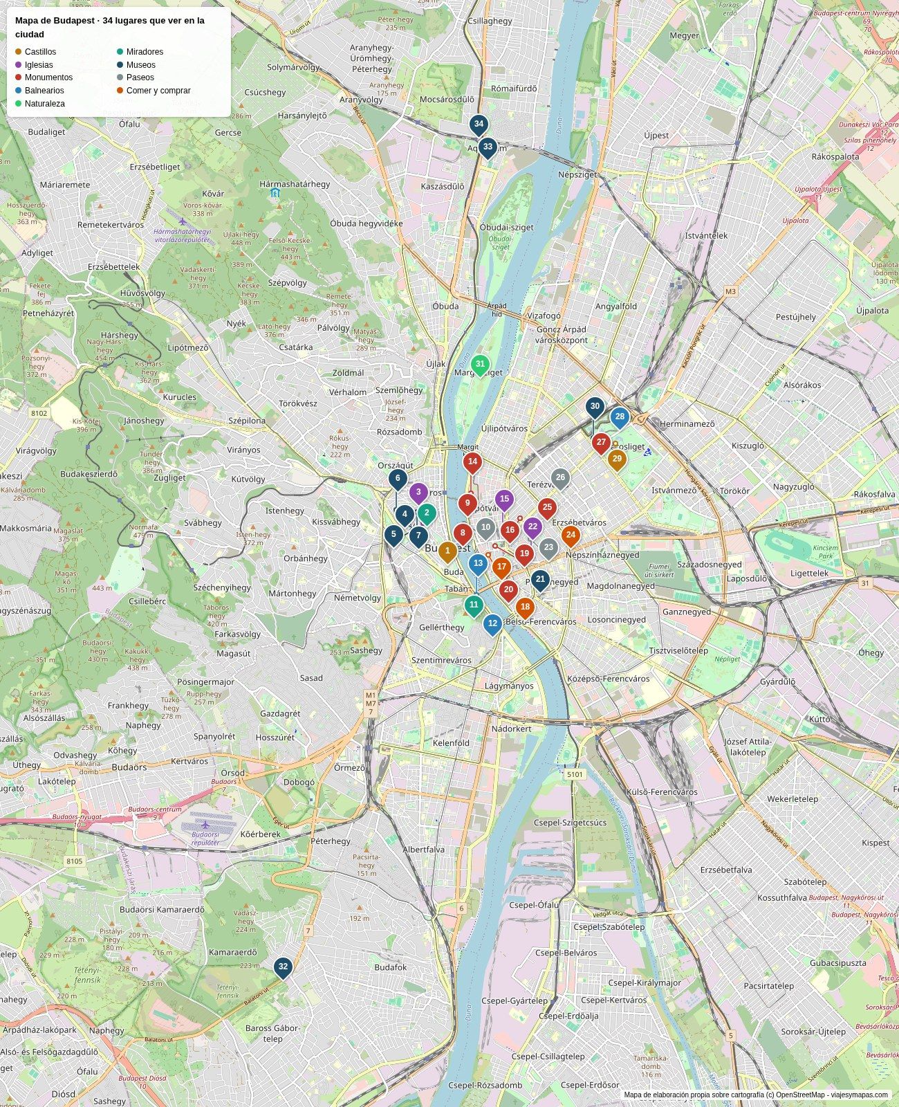 Mapa de Budapest con los 34 lugares que ver numerados