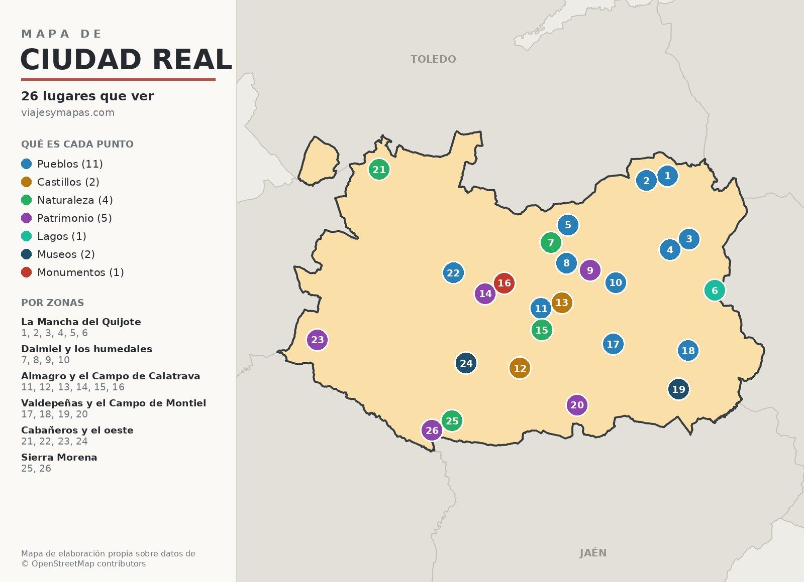 Mapa de la provincia de Ciudad Real con los 26 lugares que ver numerados
