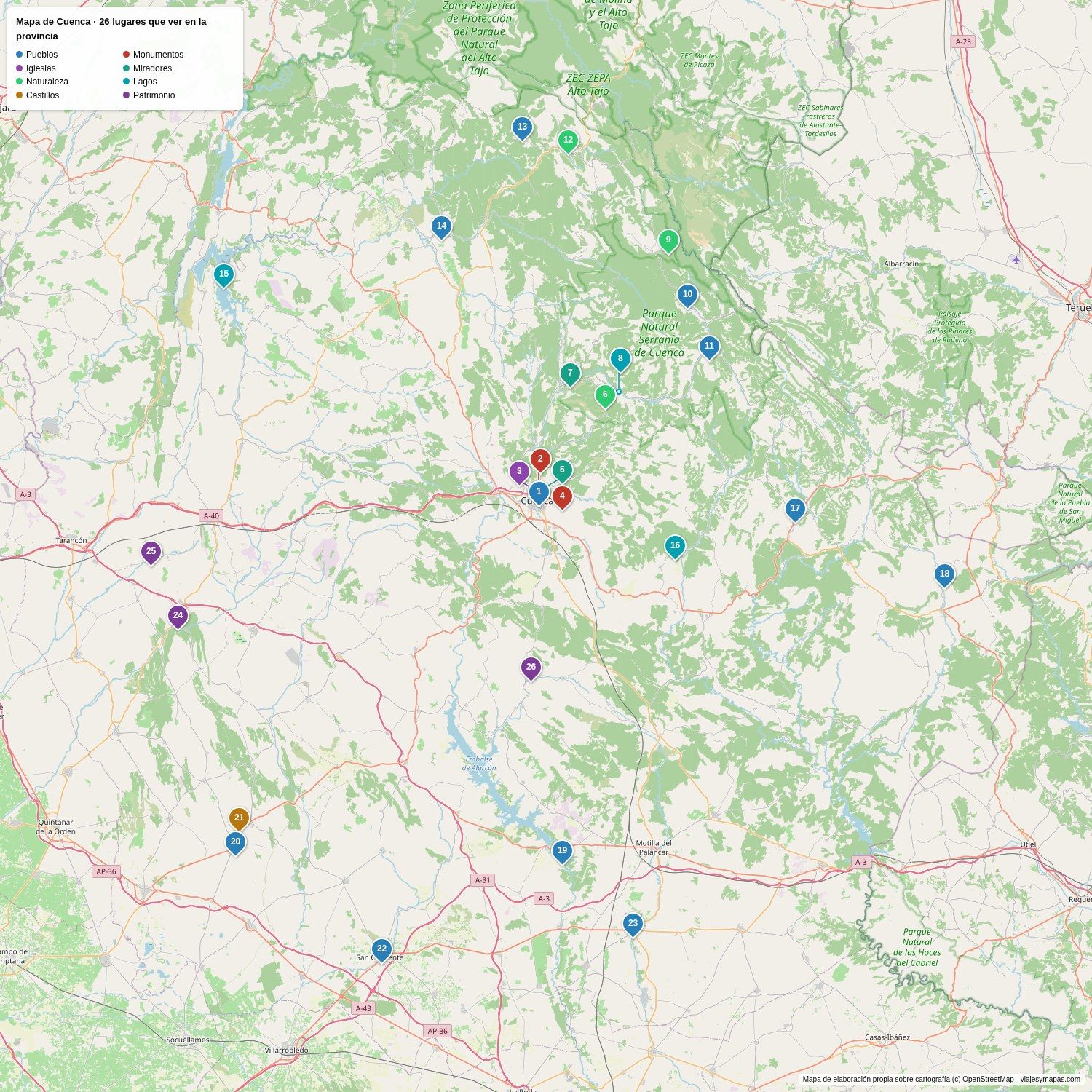 Mapa de la provincia de Cuenca con los 26 lugares que ver numerados