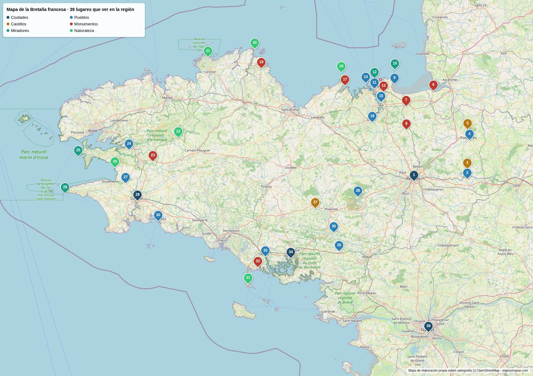 Mapa de la Bretaña francesa con los 39 lugares numerados