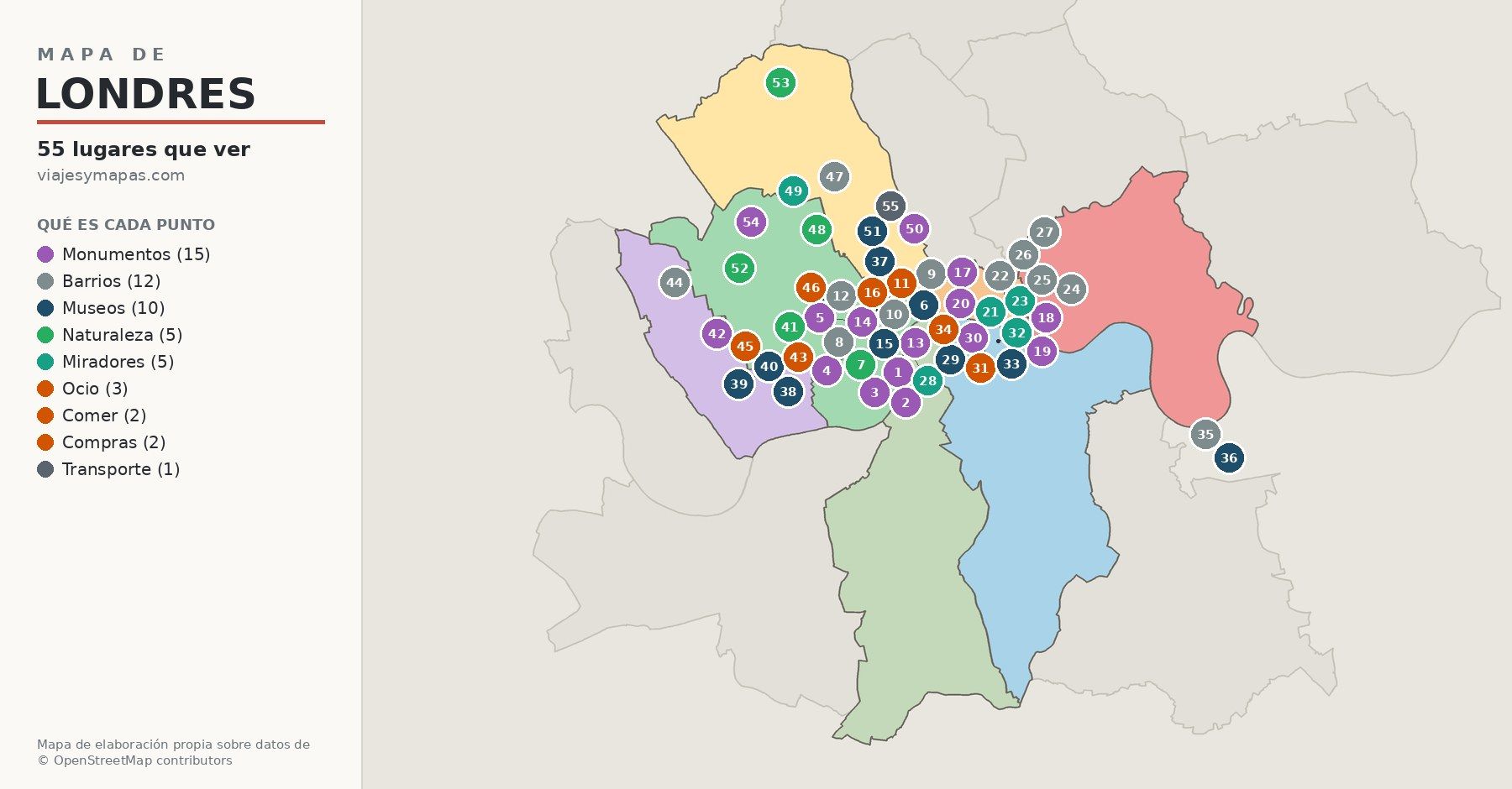 Mapa de Londres por distritos con los 55 lugares que ver numerados