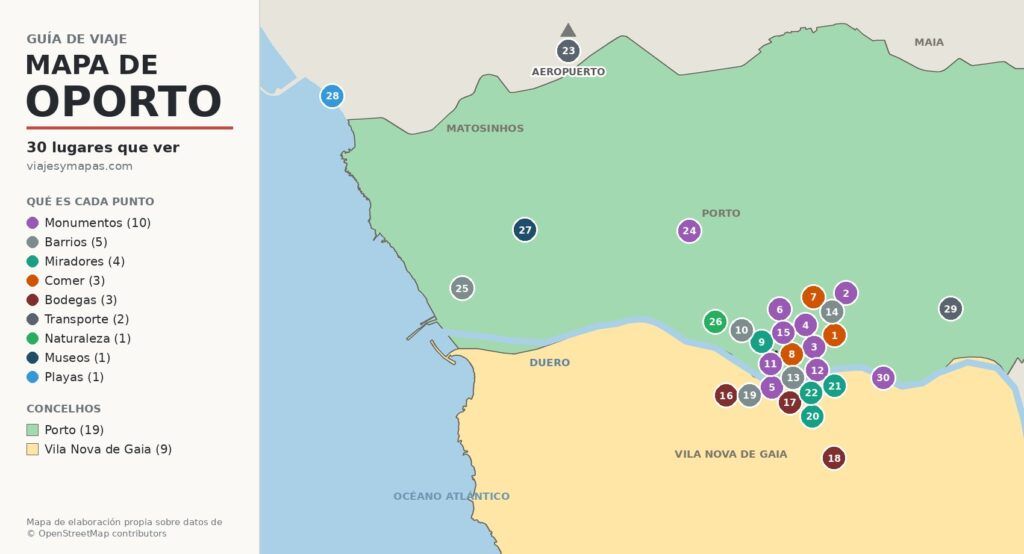Mapa turístico de Oporto Mapa turístico de Oporto con los principales monumentos y lugares de interés numerados