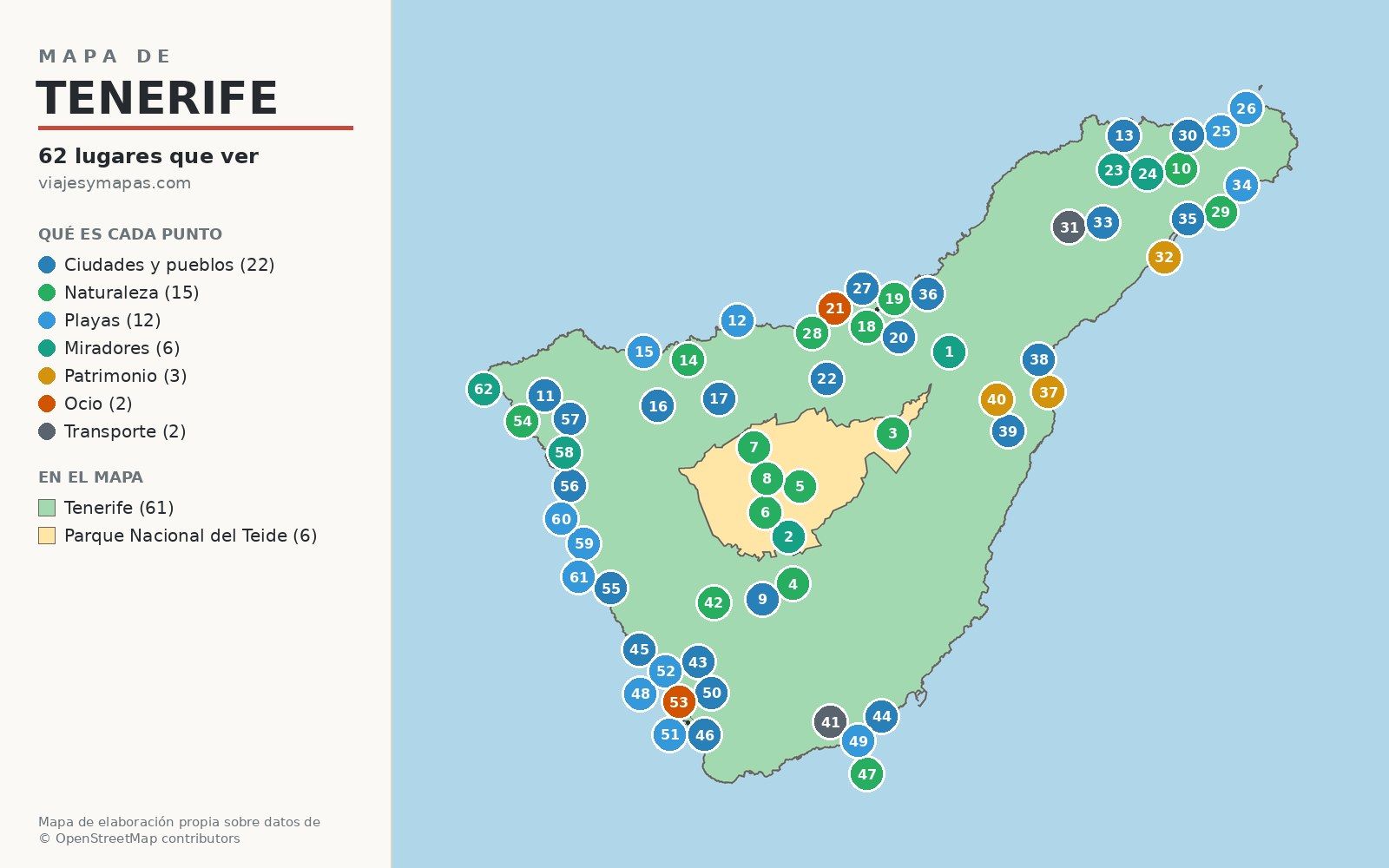 Mapa de Tenerife con los 62 lugares que ver numerados y el Parque Nacional del Teide