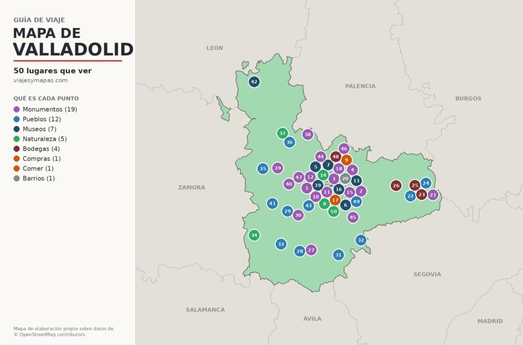 Mapa de Valladolid y su provincia con los 50 lugares numerados: la ciudad, la Ribera del Duero, Tierra de Campos y los castillos