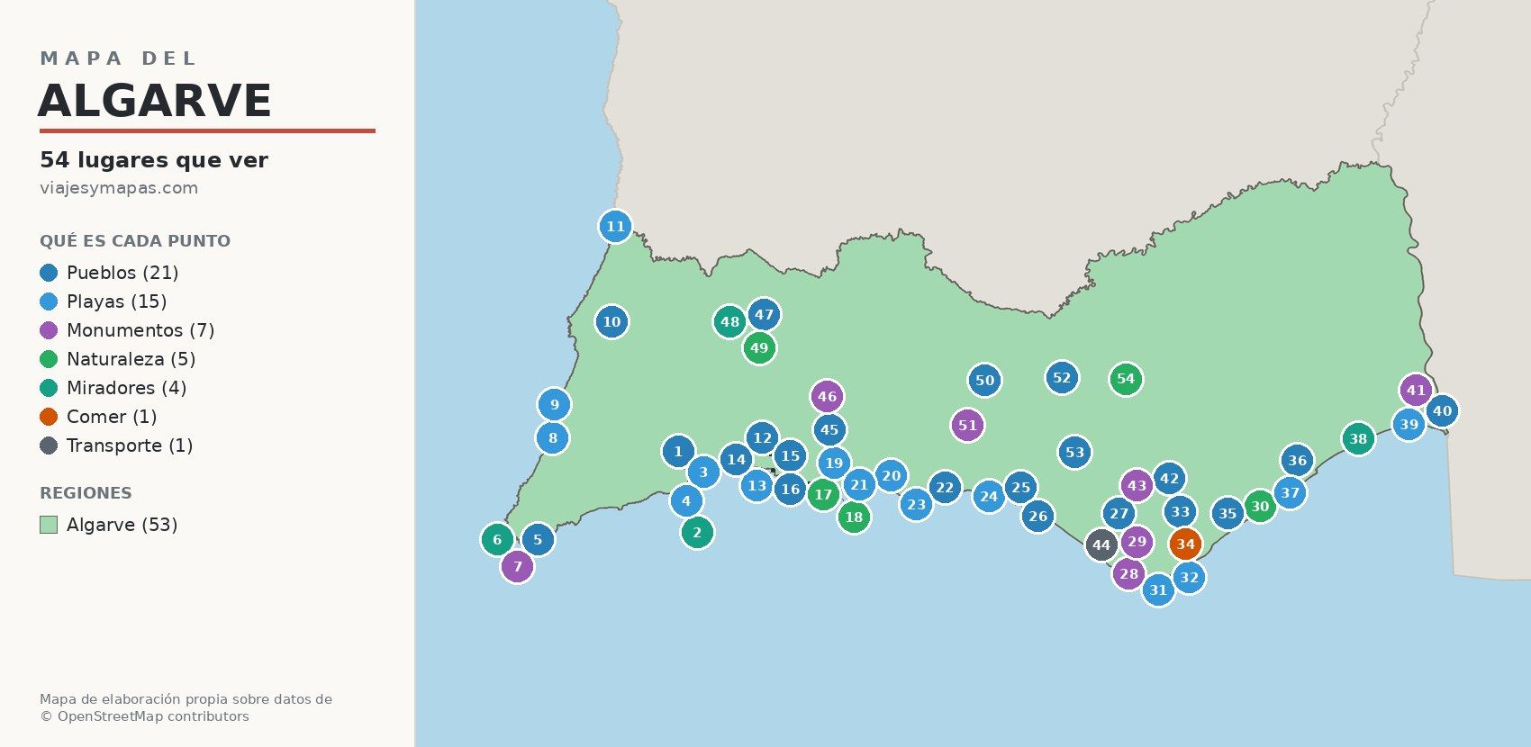 Mapa del Algarve con los 54 lugares que ver numerados, por zonas