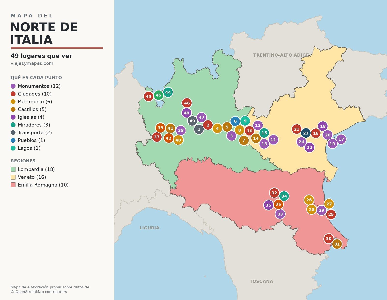 Mapa del norte de Italia por regiones con los 49 lugares que ver numerados
