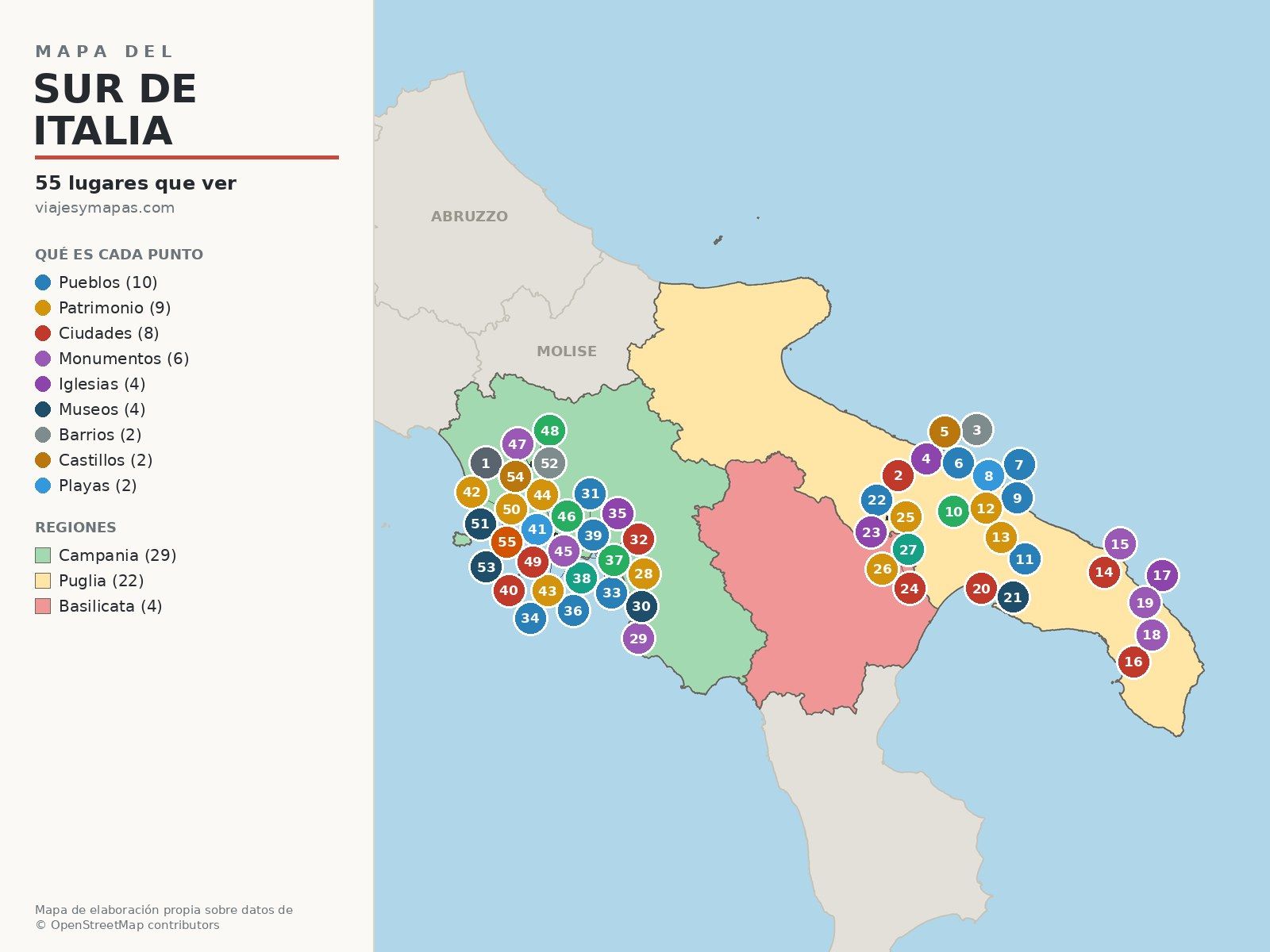 Mapa del sur de Italia por regiones con los 55 lugares que ver numerados