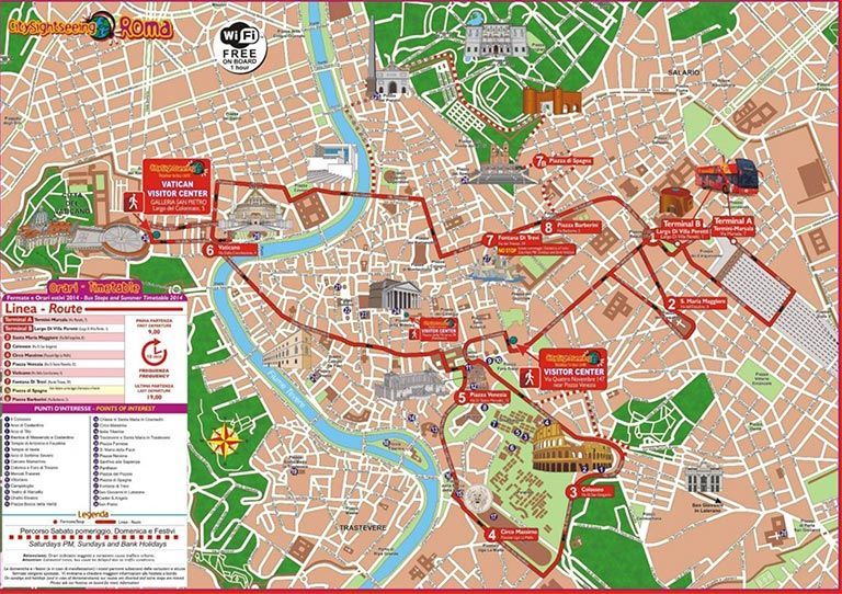 Mapa del recorrido y las paradas del autobús turístico de Roma