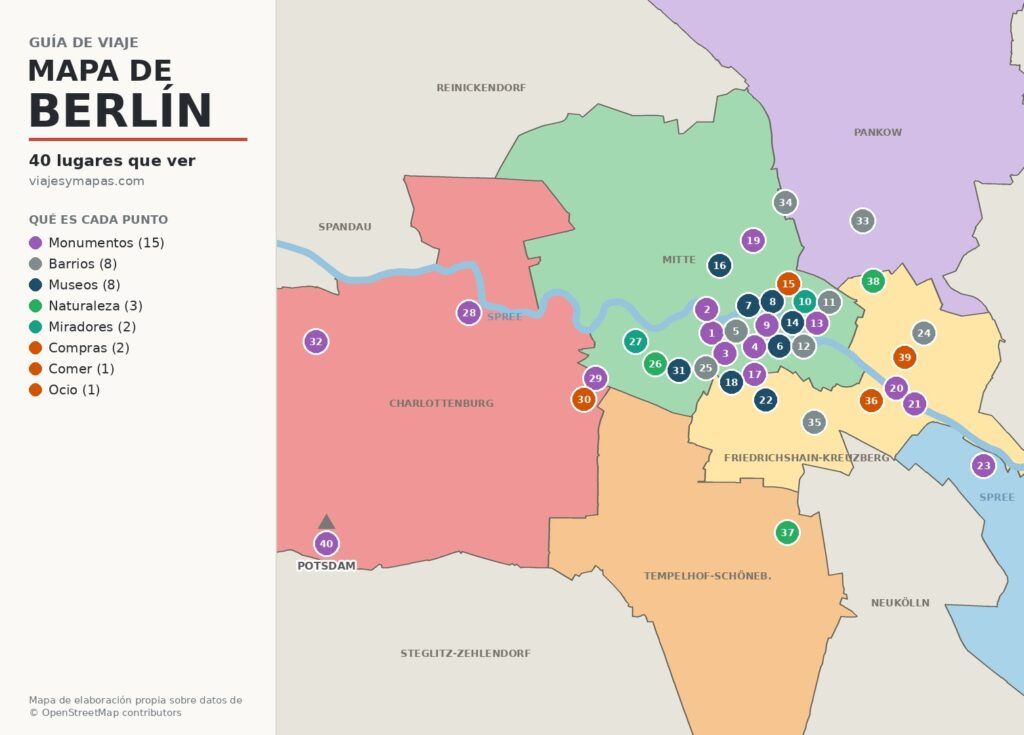 Mapa de Berlín con los 40 lugares que ver numerados por distritos: Mitte, Kreuzberg, Charlottenburg y el Muro