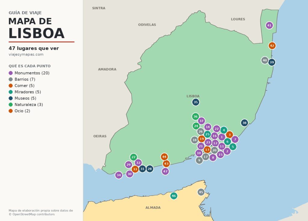 Mapa turístico de Lisboa Mapa turístico de Lisboa con los principales monumentos y lugares de interés numerados