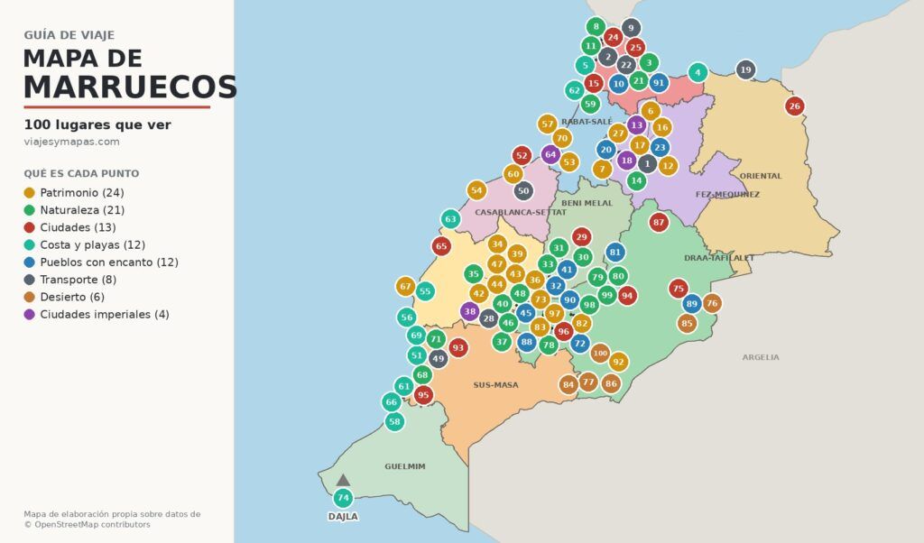 Mapa de Marruecos Mapa de Marruecos con los 100 lugares que ver numerados por regiones